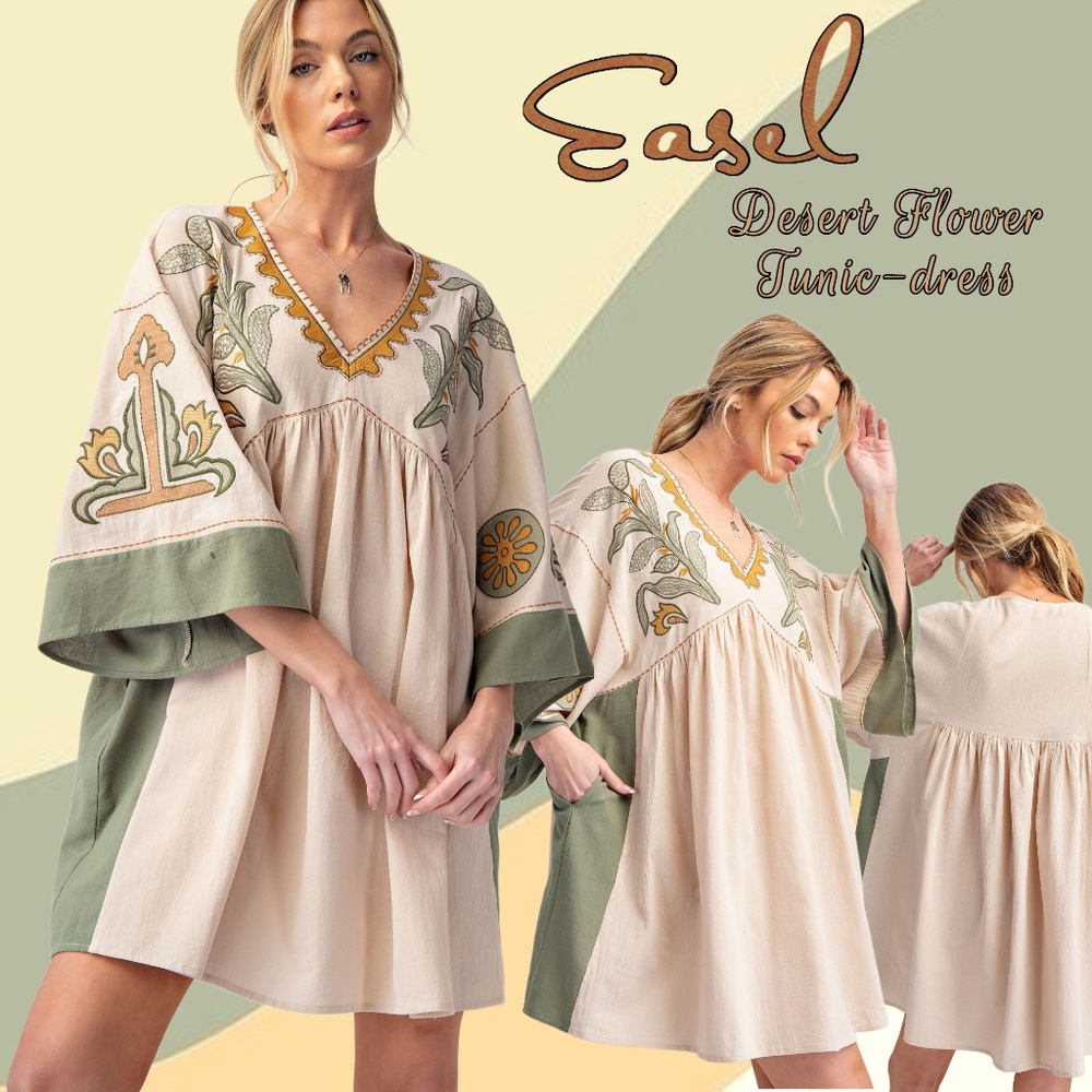 EASEL "Desert Flower" Xtra Full Comfy Linen-Look Embroidered Tunic Dress Pockets